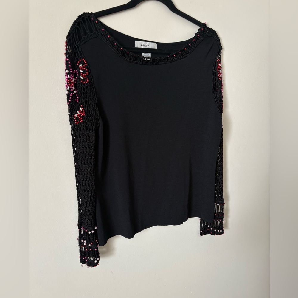 Women’s Kikit Black Long sleeve Rayon Sweater, FairyFlowerBeaded Crocheted SzL